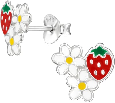 Joy|S - Zilveren aardbei met bloemetjes oorbellen - 9 mm - witte madeliefjes met rode aardbei - sterling zilver 925 - kinderoorbellen