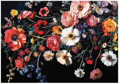 WALLARENA - Fotobehang - 150x105 cm - bloemen op zwarte achtergrond voor slaapkamer en woonkamer