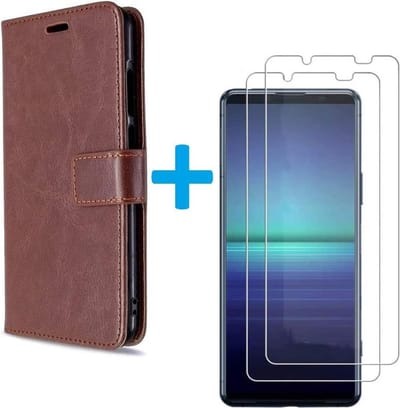 hoesje -Geschikt voor: Sony Xperia 5 II book case bruin met 2 stuks Glas Screen protector