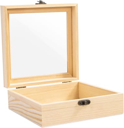 Onvoltooide houten displaybox met scharnierend deksel en glazen bovenblad - Ideaal voor sieraden, souvenirs en woondecoratie