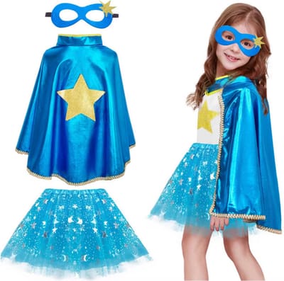 Joya Kids® Verkleedset Meisje | Superhelden Outfit Kind | Tutu Rok + Metallic Cape + Masker | Superheldin Ster | Prinses | Meisje Verkleedset | Prinsessencape | Carnaval | Verkleedkleding 3-delig | Blauw