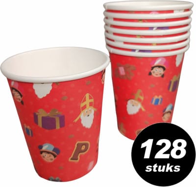 128x Sinterklaas Drinkbekers - Wegwerp bekers karton 'Sint en Piet' 400ml (128 stuks)