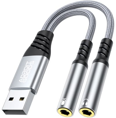 AdroitGoods Externe USB-geluidskaart met 2x 3,5 mm TRRS-aansluitingen - 0,3 meter USB op 2 TRRS 3,5 mm aansluitingen - Grijs