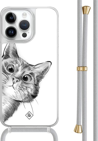 Casimoda® hoesje met grijs koord - Geschikt voor iPhone 14 Pro Max - Peekaboo Kat - Afneembaar koord - TPU/polycarbonaat - Grijs