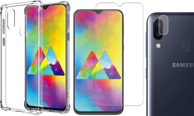 Hoesje geschikt voor Samsung Galaxy M20 - Screenprotector Glas & Camera Screen Protector - Transparant Shock Case
