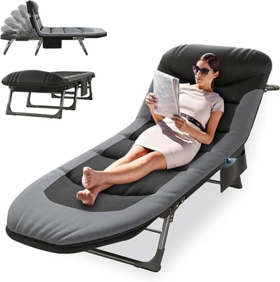 Klapbed met Matras - Kampeerbed Lounger - Ontspannen Buiten - 7-zone Comfort Matras - 65 x 190 cm - Zwart Grijs