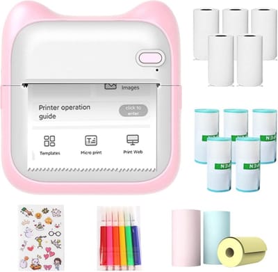 Mobiele stickerprinter met printpapier, stickers en kleurpotloden - perfect voor foto's en memo's