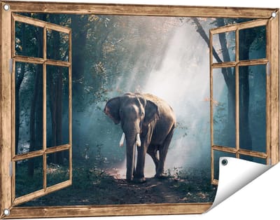 Gards Tuinposter Doorkijk Olifant in het Bos met Zonneschijn - 90x60 cm - Tuindoek - Tuindecoratie - Wanddecoratie buiten - Tuinschilderij