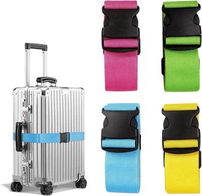 Robuuste Verstelbare Bagagestraps voor Koffers - 4-Pack in Lichtblauw, Fluorescent Groen, Geel en Emaille Rood voor Veilig Reizen en Organisatie