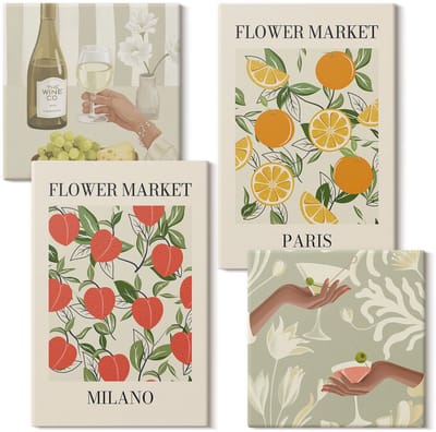 Wallfluent Set van canvas schilderijen - Bloemenposters en wijn Milaan Parijs Canvas Schilderijen Set - Set van 4 Canvas Schilderijen - Beige Set van Canvas Prints - Natuur Canvas Kunst Set - Boheemse Canvas Kunst Set
