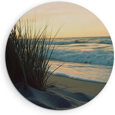 Saammp Muurcirkel Hout - Strand - Helmgras - Zee - Duinen - Ø 90 - Wandcirkel - Wanddecoratie Cirkel - muurdecoratie Woonkamer - Slaapkamer decoratie - Rond Schilderij