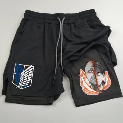 Anime Attack on Titan Print Heren Twee-in-Eén Dubbellaags Sport Fitness Casual Shorts L black