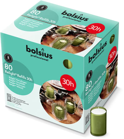 Bolsius - Relight - Olijfgroen - Navulling voor kaarshouder - 80 Stuks - 30 Branduren