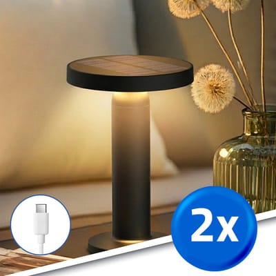 Tafellamp oplaadbaar ‘Vivro’ - Voordeelset van 2 stuks - Zwart - USB-C oplaadbaar - Werkt ook op zonne-energie - Warm wit licht 3000K - Tafellamp voor binnen én buiten - Solar tuinverlichting