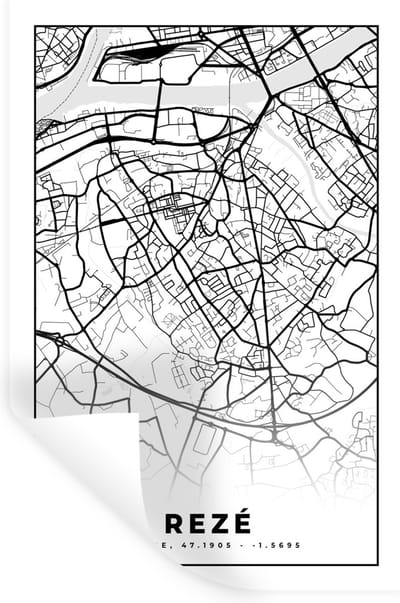 Muurstickers - Sticker Folie - Rezé - Stadskaart - Plattegrond - Kaart - Frankrijk - Zwart wit - 20x30 cm - Plakfolie - Muurstickers Kinderkamer - Zelfklevend Behang - Zelfklevend behangpapier - Stickerfolie