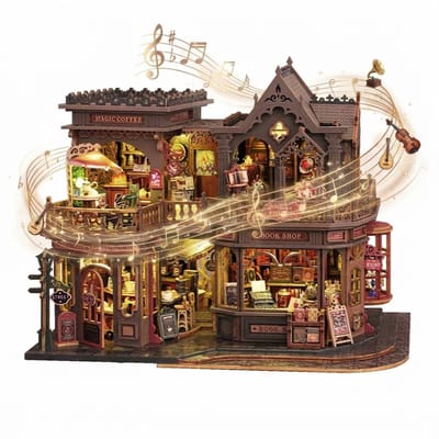 Premium Miniatuur bouwpakket-Houten modelbouw- DIY Miniatuur Bookshop & Coffee Shop Bouwpakket met 8 LED Verlichting & muziekdoos – Houten Mini Huis Model – Boekwinkel Café Decoratie – Creatieve Hobby & Cadeau