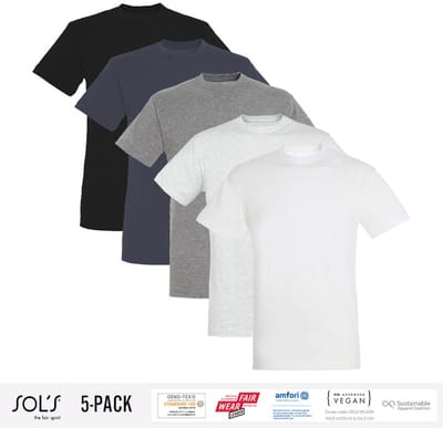 5 Pack Sol's Heren T-Shirt 100% biologisch katoen Ronde hals Zwart, Donker Grijs, Grijs / Lichtgrijs gemeleerd, wit Maat 4XL