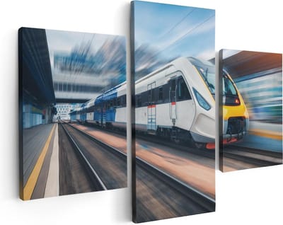 Artaza Canvas Schilderij Drieluik Trein bij het Station - 90x60 - Foto Op Canvas - Canvas Print