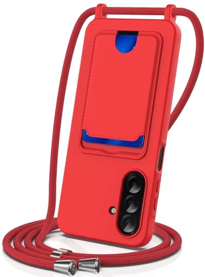 Hoesje met Koord en Pasjeshouder Geschikt voor Samsung Galaxy A57 | Back Cover met Crossbody Koord en Kaarthouder | Ideaal voor Festival/Vakantie | Siliconen | Rood