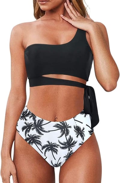 Damesbadpak Met Hoge Taille Chique Een Schouder Casual Badmode Tweedelig Badpak Met Zijbandjes