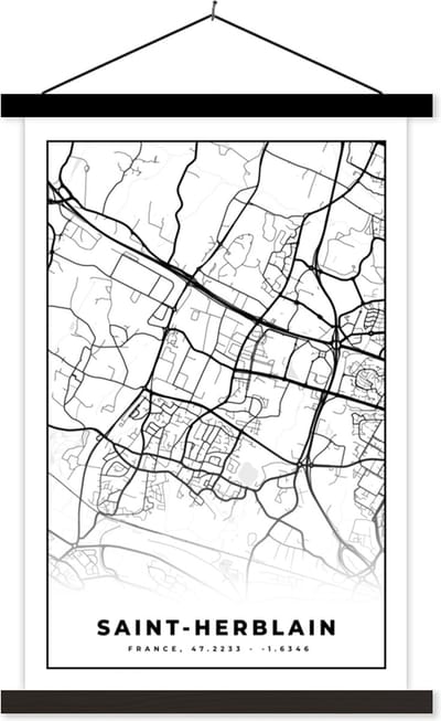 Posterhanger incl. Poster 40x60 cm - Schoolplaat - Kaart - Plattegrond - Saint-Herblain - Frankrijk - Stadskaart - Zwart wit - Textielposter - Zwarte latten - Stadskaart