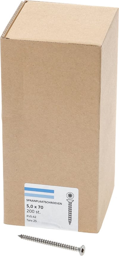 Hoenderdaal Spaanplaatschroef RVS platverzonken kop TX25 voldraad 5.0X70 (per 200 stuks)