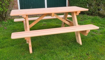 Picknicktafel 6 Personen 180 cm – Douglas Hout – Handgemaakt – Compleet Gemonteerd – Luxe Tuintafel – Geschikt voor Tuin, Terras & Horeca