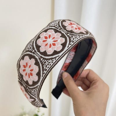 Boheemse Stijl Borduurwerk Hoofdband Etnische Breedgerande Haarband Blad Bloemenpatroon Haaraccessoires Hoofddeksels black