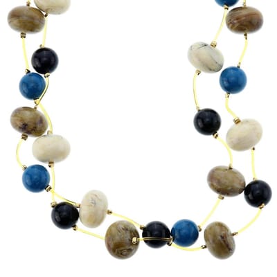 Behave - Dubbele Goudkleurige Ketting met Blauwe, Bruine en Zwarte Kralen - Trendy Accessoire voor Elke Gelegenheid