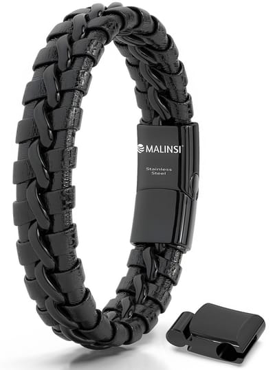 Malinsi® Armband heren - Strong Zwart - Gevlochten RVS en Leer - 20 cm + 2 cm verlengstuk - Armbandje Mannen