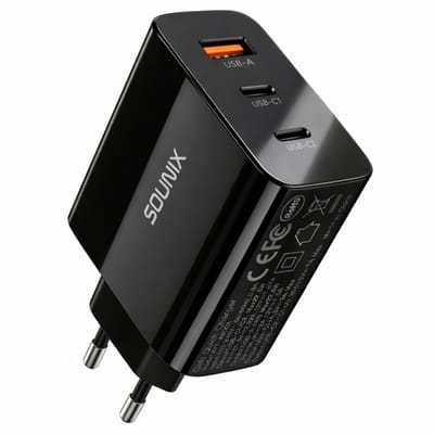 Sounix Snellader USB-C 45W - 3 Poorten Snellader - Usb Stekker - Usb Oplader - GaN oplader - 2x USB-C PD - 1x USB-A PD 22.5W - Zwart