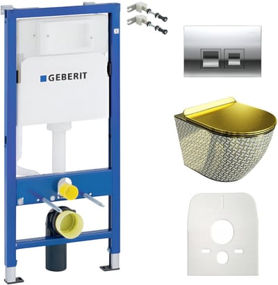 Inbouwreservoir Complete Toiletset Geberit Duofix Basic - Inbouw WC Hangtoilet Wandcloset SOFI SLIM GOLDEN NEVER DIE Gouden/Wit - Bedieningsplaat DELTA Chroom Vierkant - Voorwandelement - Installatiesysteem