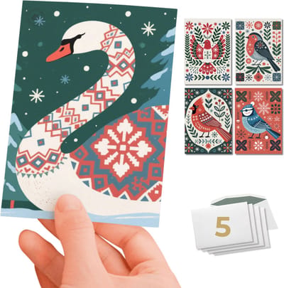 Inspra Studio – Luxe Kerstkaarten met Enveloppen – 5 Stuks – Roodborstje, Zwaan, Koolmees, Kardinaal & Duif Wenskaarten – Scandinavische Dieren Illustraties