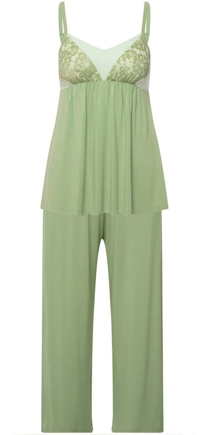 Ulla Popken - Dames - Pyjama kanten lint V-hals mouwloos - Bleekgroen - Maat 46+