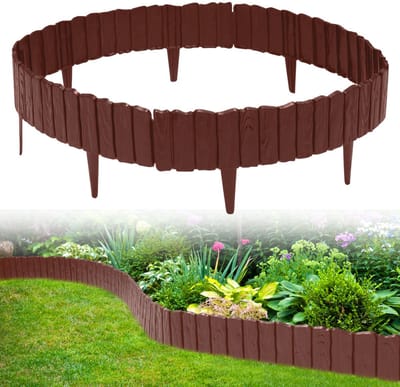 Borderrand Palissade Kunststof - Set van 4 Houtlook - 2.3m Bruin - Flexibele Dennenhout Gazonafscheiding - Bedrand Maairand Decoratief Bloembedrand Maaikant voor Tuinpalissade