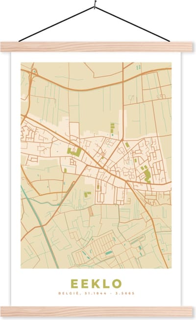 Posterhanger incl. Poster 40x60 cm - Schoolplaat - Retro - Plattegrond - Stadskaart - Kaart - België - Textielposter - Blanke latten - Stadskaart