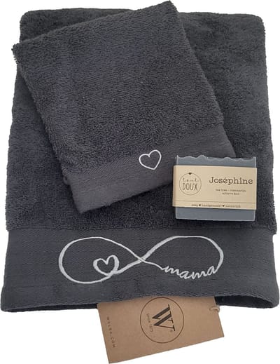 Walra - Geborduurde Handdoek en Washandje voor Mama - Ambachetlijke zeep- Natuurlijke ingrediënten - Antraciet - Moederdag cadeau - Oneindig teken met hartje