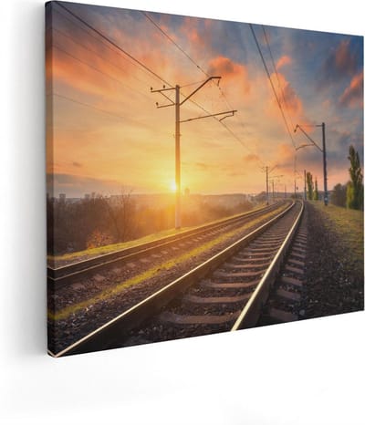 Artaza Canvas Schilderij Zonsondergang Treinspoor - 50x40 cm - Wanddecoratie Landschap - Muurdecoratie Natuur - Kamer Accessoires Woonkamer