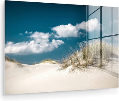 MuchoWow® Glasschilderij 150x100 cm - Schilderij acrylglas - Strand - Duinen - Gras - Foto op glas - Muurdecoratie woonkamer - Wanddecoratie slaapkamer - Schilderijen
