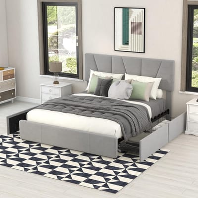 Tweepersoonsbed, gestoffeerd bed, platform bed met vier laden aan twee zijden, met lattenbodem, bed met verstelbaar hoofdeinde (zonder matrassen), grijs, 140 x 200 cm