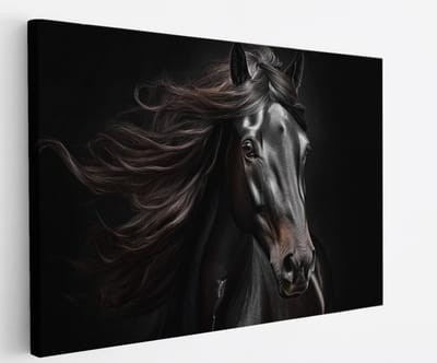 Saammp Canvas Schilderij - Paard - Portret - Zwart - Kunst - Dieren - Natuur - 60x40 - Foto op canvas - Wanddecoratie - muurdecoratie Woonkamer - Slaapkamer decoratie - Canvas Print