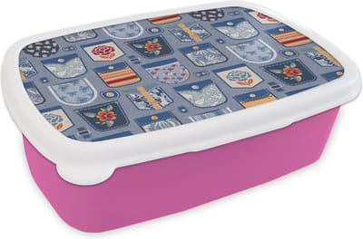 Broodtrommel Roze - Lunchbox - Brooddoos - Broek - Denim - Patch - Patronen - 18x12x6 cm - Kinderen - Meisje