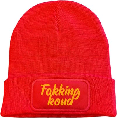 Wintermuts rood | fluor oranje - Fokking koud (cursief) - soBAD. | Wintersport | Après ski outfit Warme Muts voor Volwassenen | Heren en Dames Beanie