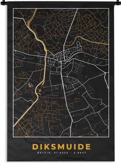 Wandkleed - Wanddoek - Stadskaart - Plattegrond - Diksmuide - Goud - Kaart - 120x180 cm - Wandtapijt