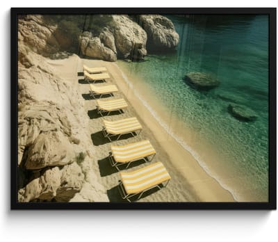 Poster in lijst - Fotolijst 70x50 cm - Posters - Strandbedden - Zee - Stenen - Baai - Posterlijst zwart - Decoratie - Wanddecoratie woonkamer - Muurdecoratie slaapkamer