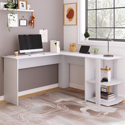 Hoekbureau 140 cm computerbureau, L-vormig hoekbureau met 2 planken, H75/W140/L140 cm wit