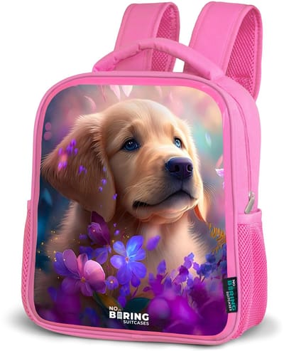 NoBoringSuitcases.com® - Rugzak roze - Schooltas meisjes - Jonge hond tussen felgekleurde bloemen - Kinder rugtas meisje - Boekentas kind - Kinderrugzak voor school - Schoolrugzak