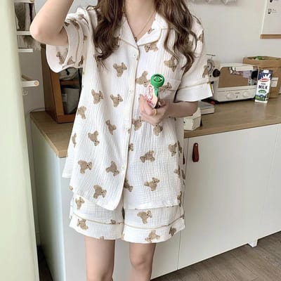 Cartoon Beer Zomer Pyjama Set Dames Kawaii Grappig Huispak Zacht Enkelknoops Kawaii Shirts + Shorts Set Tweedelig Nachtkleding M white