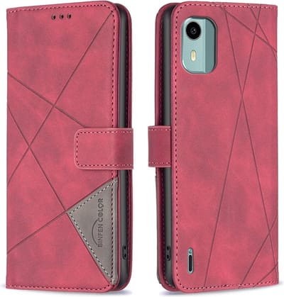 BINFEN Hoesje - Geschikt voor Nokia C12 Hoesje - BINFEN Geometric Book Case - Rood