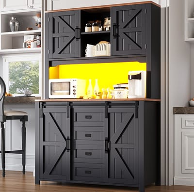 MEUNIQ keukenkast 115 x 40 x 174,7 cm met LED-verlichting, schuifdeuren, 2 lades en verstelbare planken, hoge opbergkast voor keuken, zwart